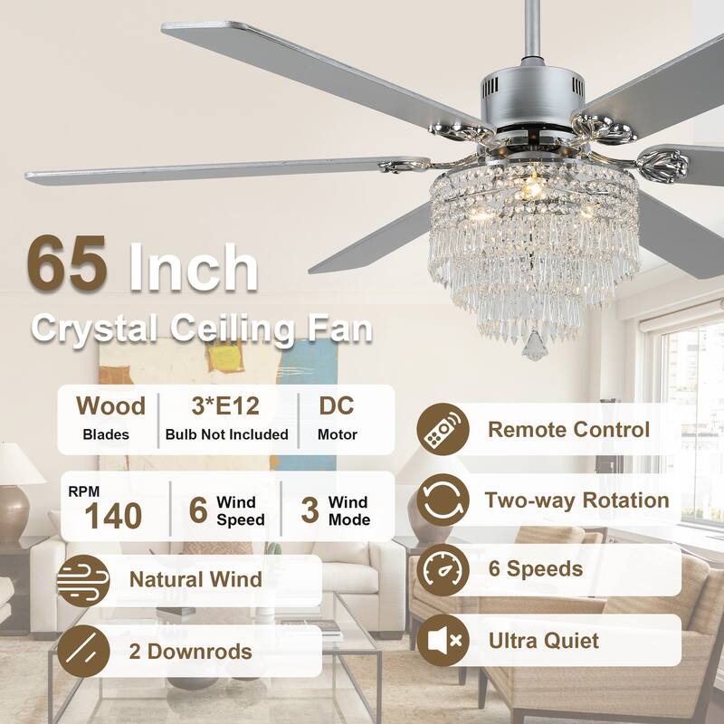Cusp Barn 65" Modern Crystal Ceiling Fan with Lights and Remote, 6 Speeds Silent DC Motor Large Chandelier Ceiling Fan