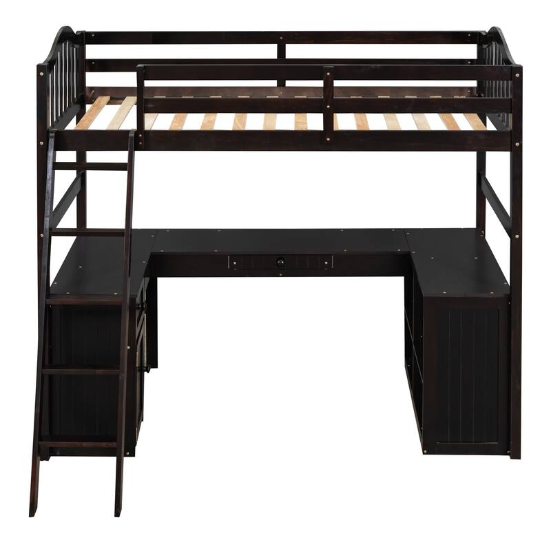 Twin Wooden Loft Bed with Desk and Shelves