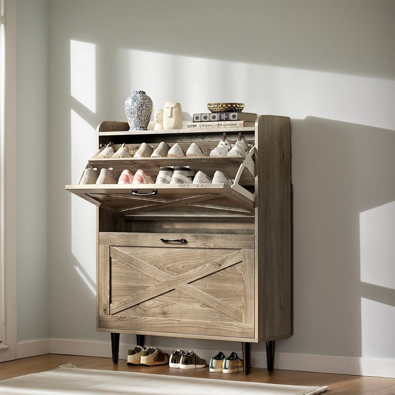 2 Flip 1 Barrier Barn Door Shoe Cabinet Melamine Embossed 31.6in