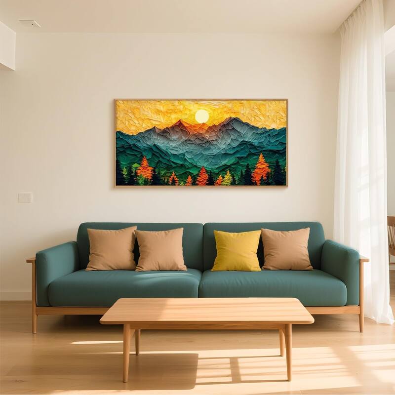 Forest Pine Tree Golden Sunset Wall Decor, Mixed Patchwork Landscape