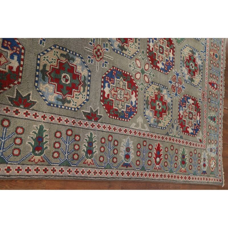 Hand Knotted Oriental 100% Wool Carpet Traditional All-Over Green Kazak Area Rug - 9' 10'' X 6' 7''