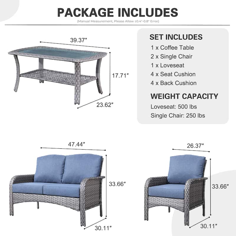 HOOOWOOO 4-piece Wicker Outdoor Conversation Set with Glass Coffee Table