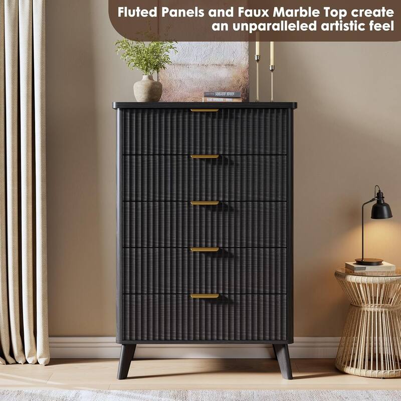 Modern Fluted 5 Drawers Dresser for Living Room, Bedroom