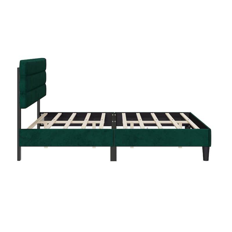 Queen Size Green Bed Frame with Tufted Headboard, Solid Wood Support ...