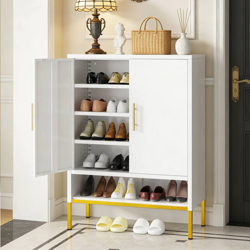40" Tall 2-Door Metal Shoe Cabinet - 7-Tier Hidden Organizer with Adjustable Shelves for Entryway, Closet, Bedroom