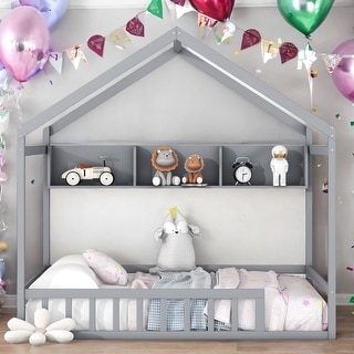 Full Size House Bed with Roof and Storage Shelf