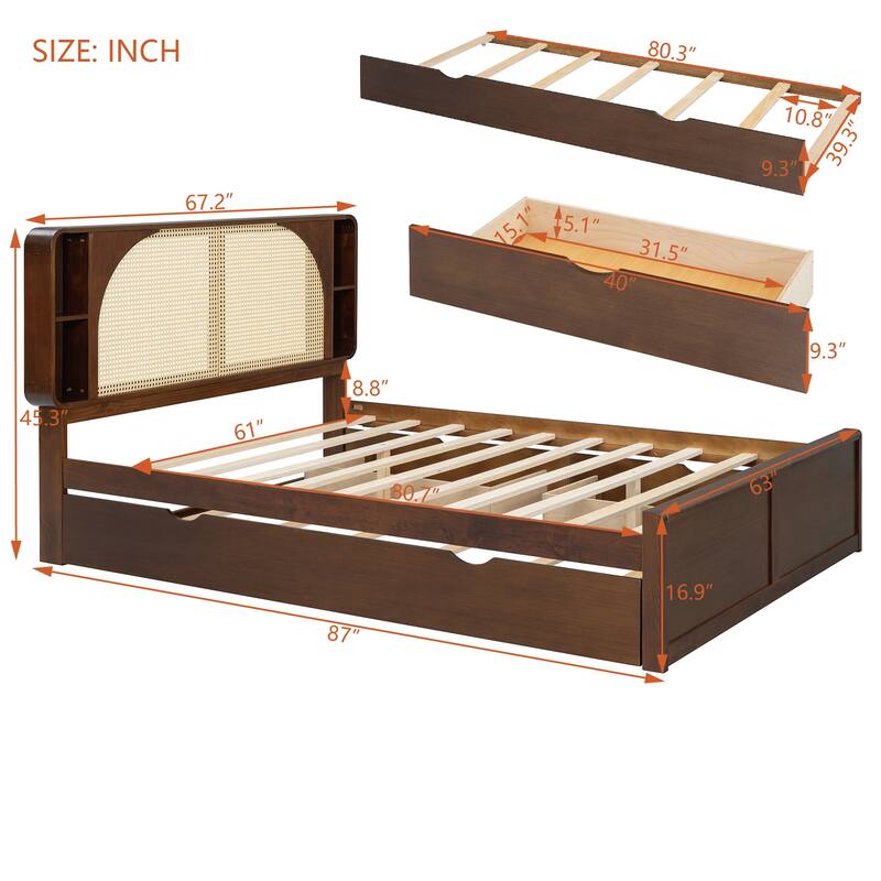 Queen Platform Bed with Rattan Headboard, 2 Storage Drawers and Pull-Out Trundle, with Built-In Compartments