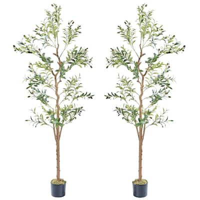 2 Pcs Artificial Olive Tree 59/71 Inch Tall Faux Silk Plant Indoor Fake Potted Tree with Wood Branches and Fruits