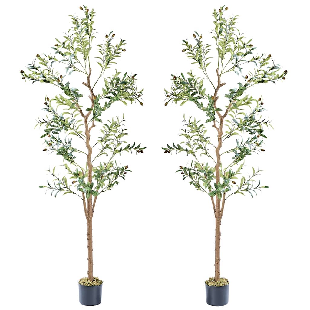 VECELO Set of 2 Artificial Olive Trees Lifelike Silk Leaves with Solid Wood Trunk 59 and 71-inch Tall for Home and Office Decor