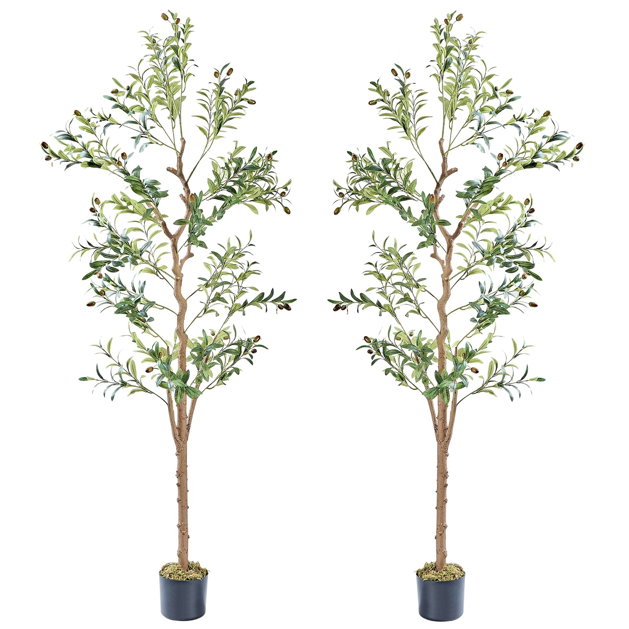 VECELO Set of 2 Artificial Olive Trees Lifelike Silk Leaves with Solid Wood Trunk 59 and 71-inch Tall for Home and Office Decor