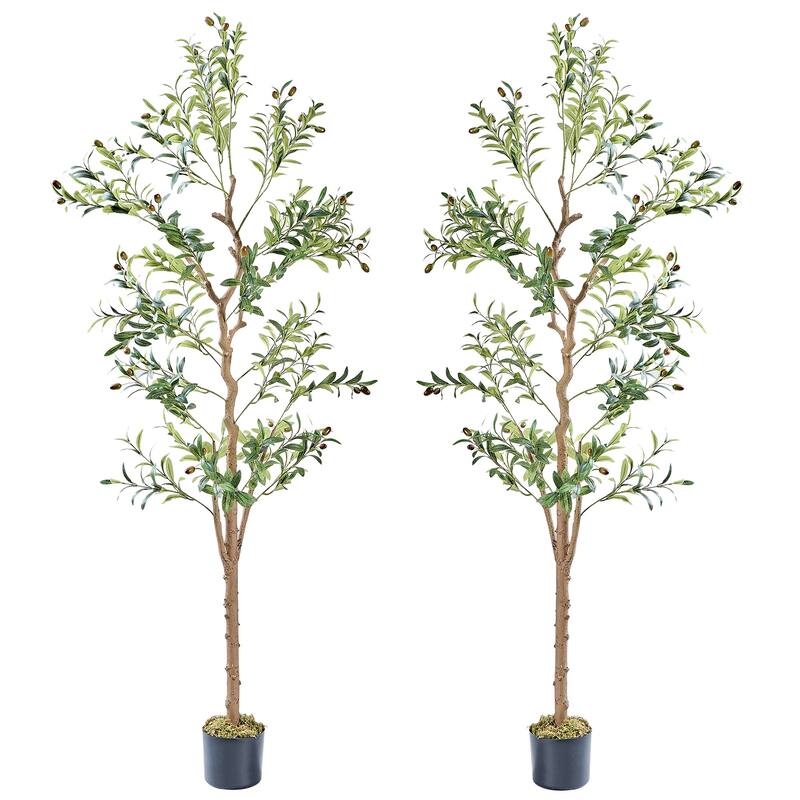VECELO Set of 2 Artificial Olive Trees Lifelike Silk Leaves with Solid Wood Trunk 59 and 71-inch Tall for Home and Office Decor
