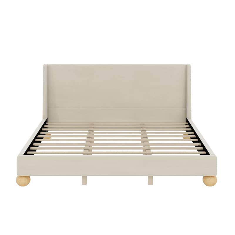 Velvet Platform Bed with Round Wooden Legs