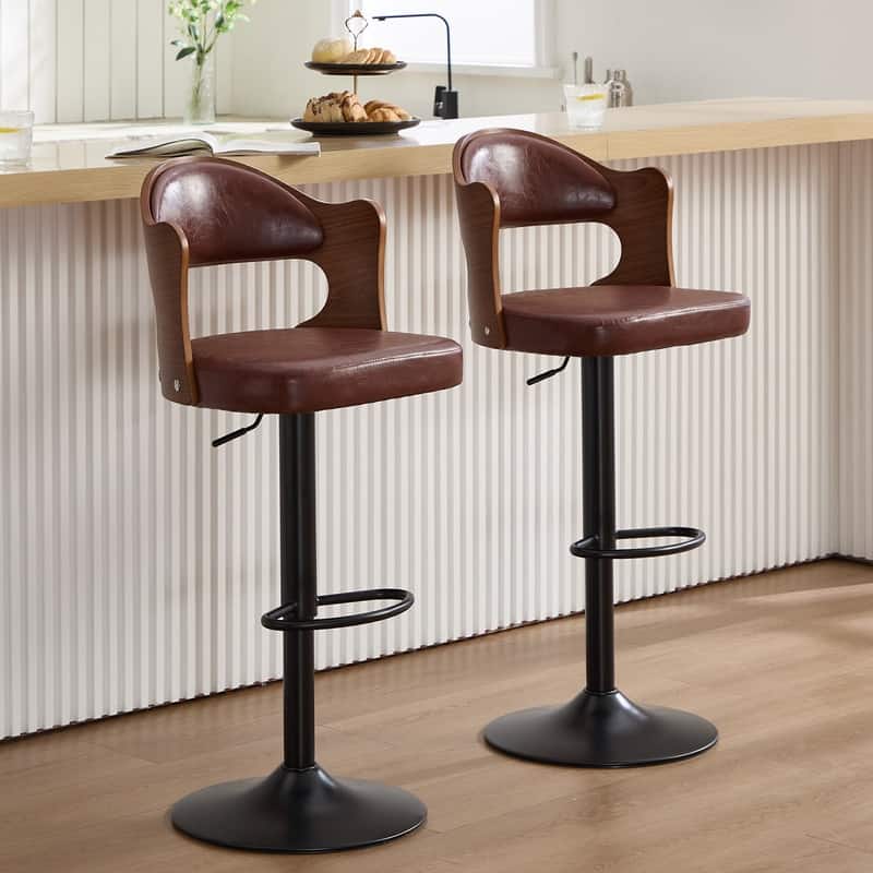 PU Leather Upholstered High-resilience Cushion 360° Swivel Adjustable Height Bar Stools with Footrest(set of 2) - Brown