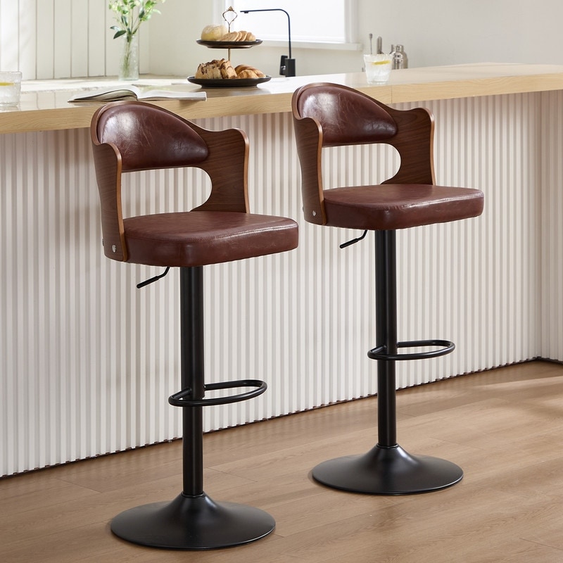 PU Leather Upholstered High-resilience Cushion 360° Swivel Adjustable Height Bar Stools with Footrest(set of 2)