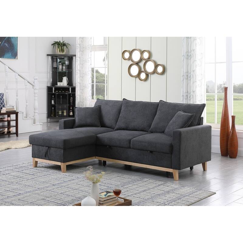 Colton 84.25-inch Dark Gray Woven Reversible Sleeper Sectional Sofa with Storage Chaise - 84.25"W x 57"D x 35"H
