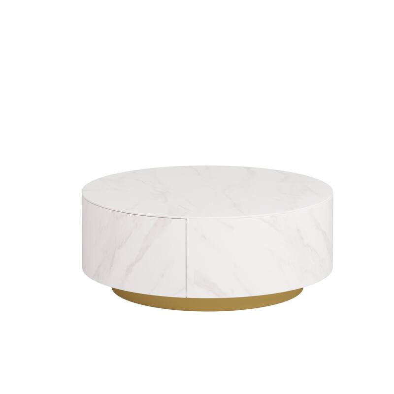 Modern Marble Top Round Coffee Table with Metal Base and 2 Drawers