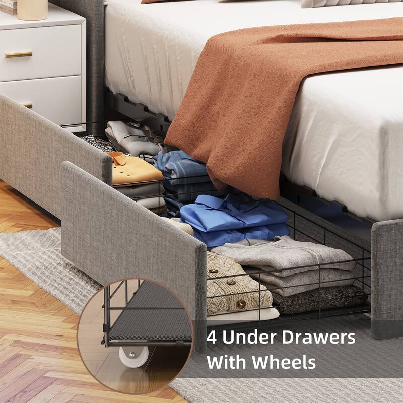 Queen/Full/Twin Size Wings Headboard Design Bed Frame with LED, 4 Under-bed Portable Storage Drawers