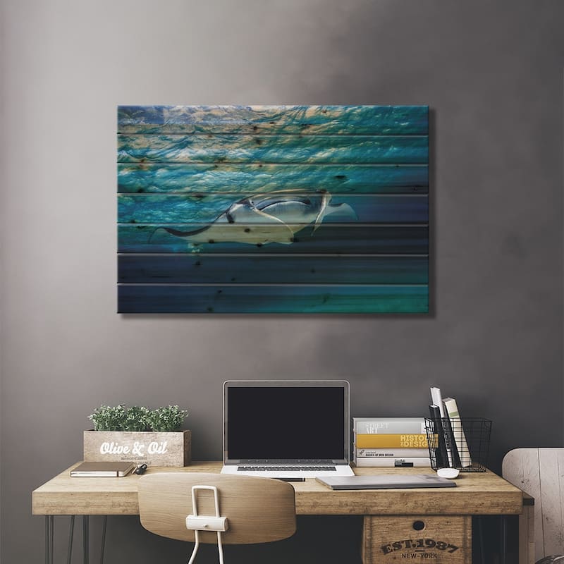 Manta Ray Print On Wood by Barathieu Gabriel - Multi-Color
