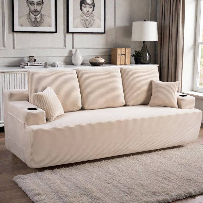 87 Inch 3 Seater Sofa Couch, Deep Seat Corduroy Living Room Sofa with Cup Holders and Side Pockets