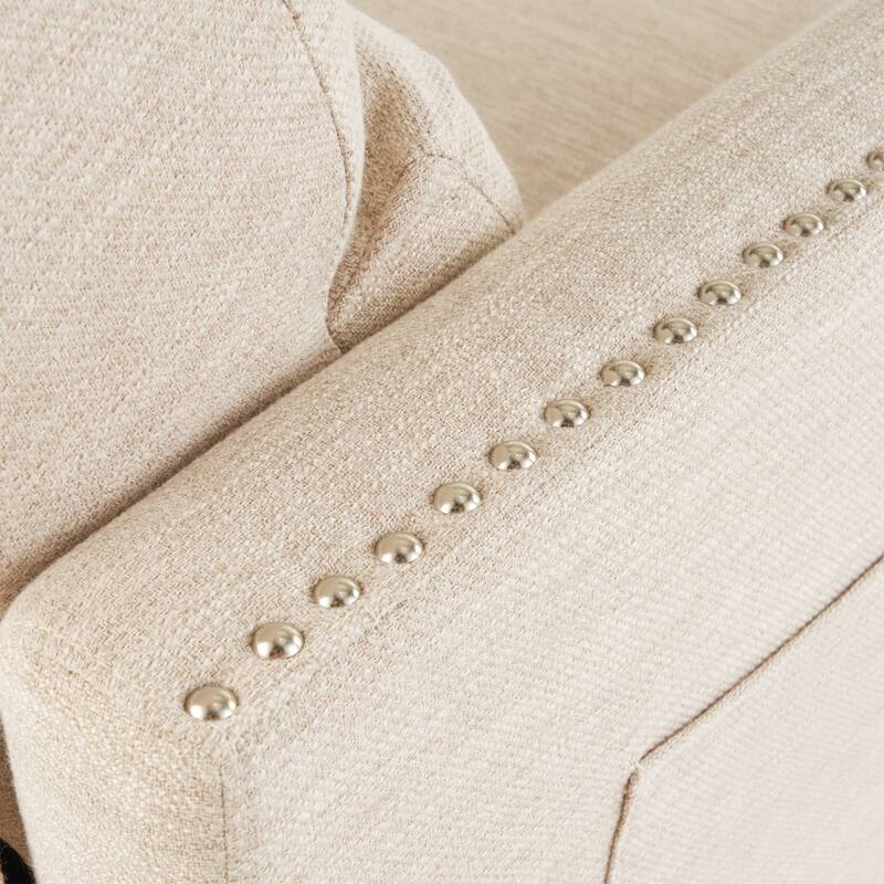 Modern Fabric Upholstered Push-Back Recliner with Footrest, Nailhead Accents, Birch Wood Legs