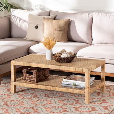 Kalimantan Bohemian Light Honey Rattan and Mahogany Wood Rectangle Coffee Table