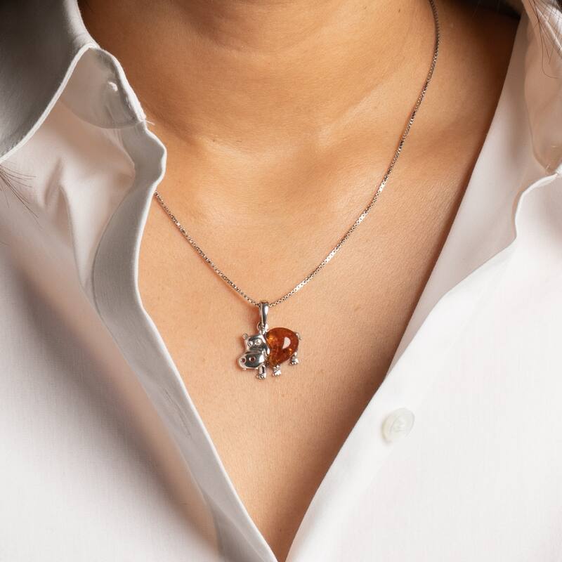 Amber Hippo Animal Pendant in Sterling Silver