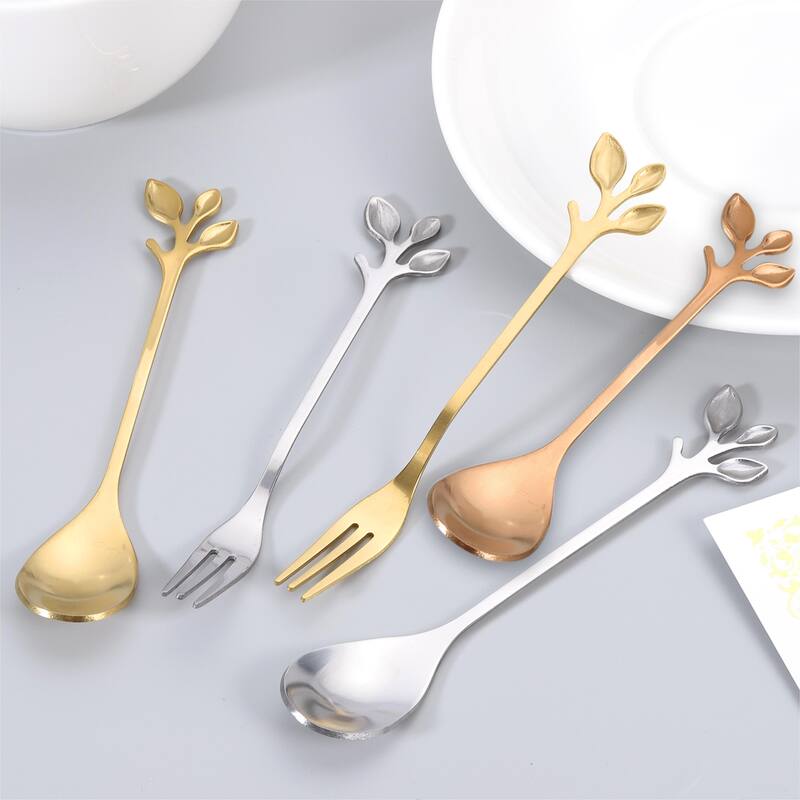 6Pcs 4.8" Stainless Steel Leaf Coffee Spoon Tableware Dessert Spoons
