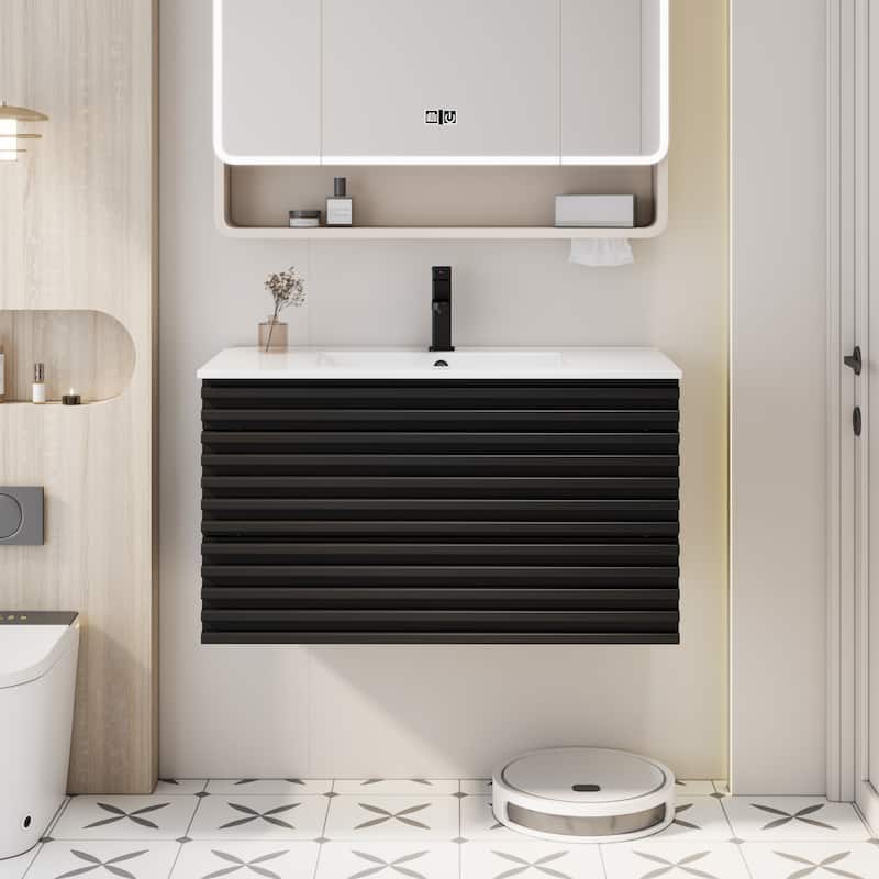 Wall Mounted Bathroom Vanity Set W/ Drop in Sink Mid-Century Cabinet Set
