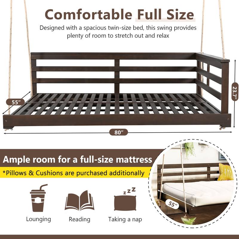 Acacia Wood Porch Swing Bed for Outdoor with Hemp Ropes - Full Size Patio Hanging Bed, 350lbs Capacity