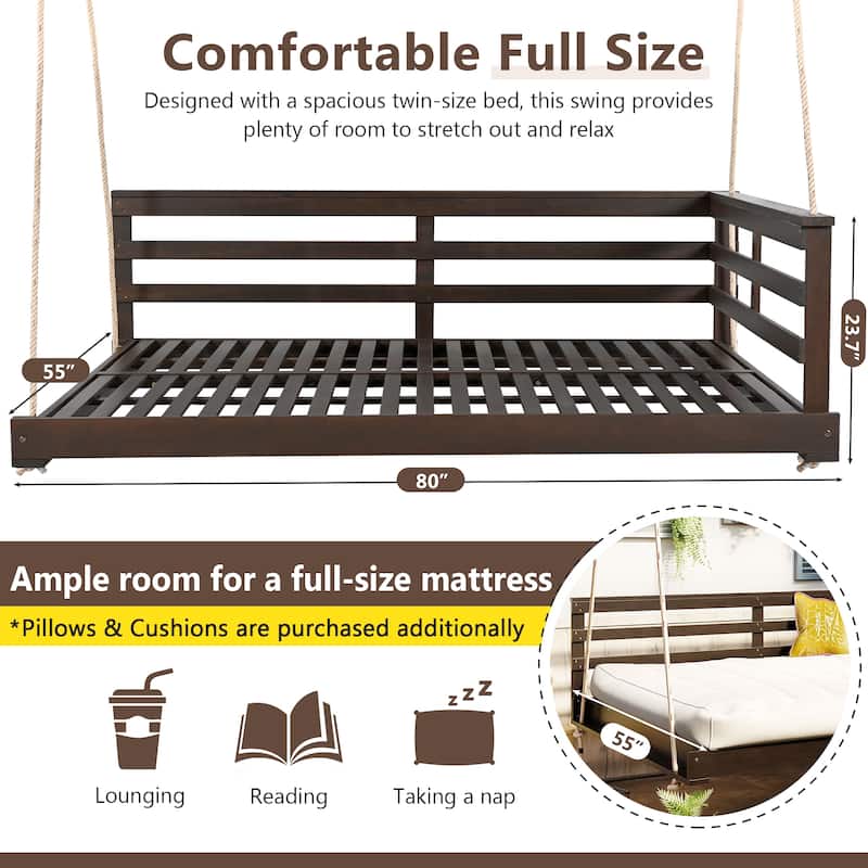 Roomfitters Outdoor Full Size Hanging Porch Swing Bed, Acacia Wood Frame with Hemp Ropes for Patio, Backyard, Garden