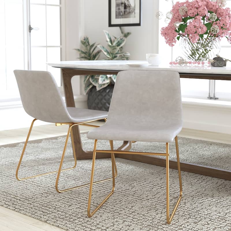 18 Inch Indoor Dining Table Chairs, LeatherSoft Upholstery-Set of 2 - Light Gray LeatherSoft/Gold Frame