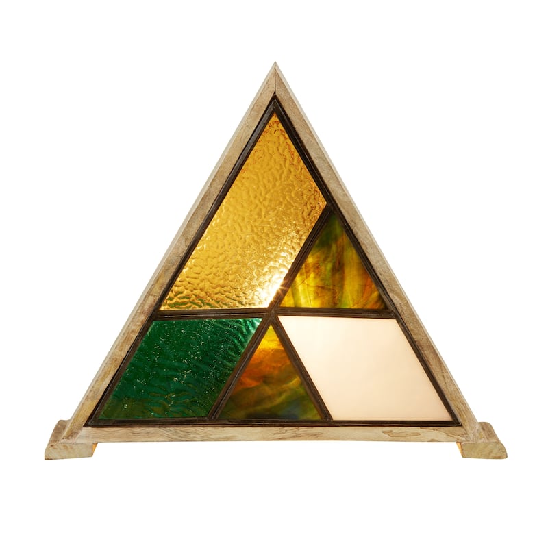River of Goods Wood and Stained Glass Triangle Shade 11-Inch Accent Lamp - 13.5" x 4.5" x 11" - 13.5" x 4.5" x 11" - Streaky Green/Green/Amber/White/Gold/Tan
