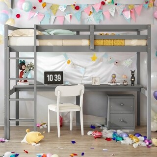 Twin Loft Wood Bed with Under-bed, Built-in Desk, a Storage Cabinet of 2 Drawers, Guardrails, Ladder