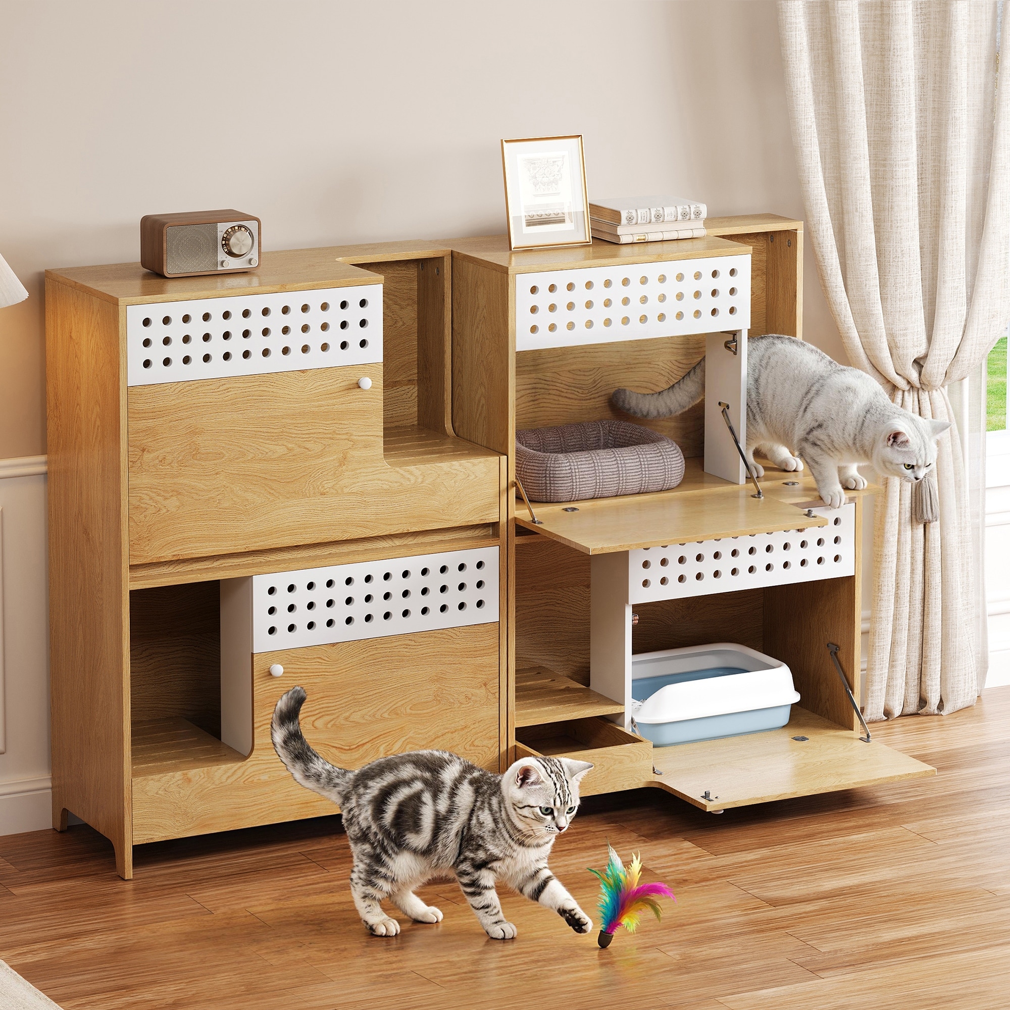 2-Piece Modern 2 IN 1 Cat Furniture Set, Cat Litter Box Enclosure Side Table, Cat House with Storage, for 2 Cats