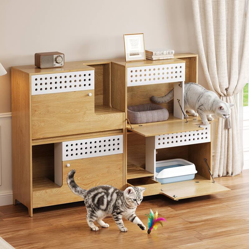 2-Piece of Modern 2 IN 1 Cat Furniture Set, Cat Litter Box Enclosure Side Table, Cat House with Storage - Natural