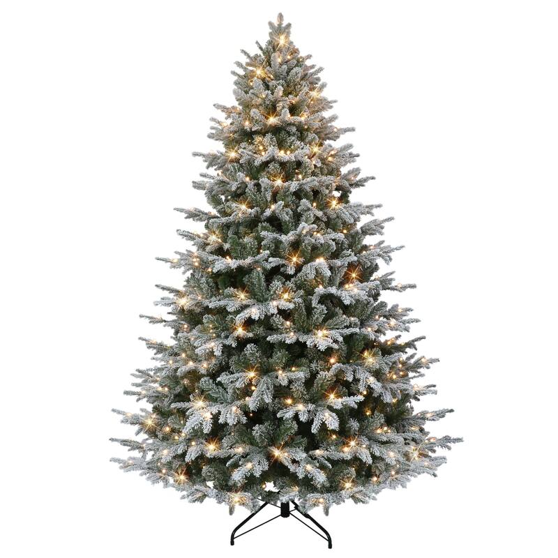Puleo International 7.5' Pre-Lit Flocked Alaskan Winter Fir Tree with Dual-Color LED Lights