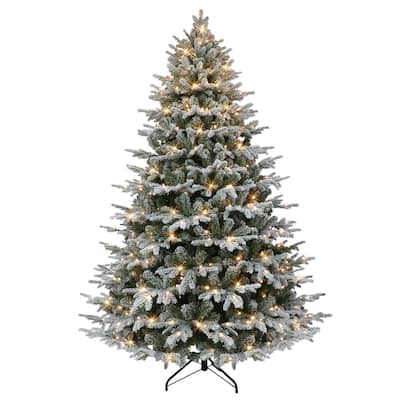 Puleo International 7.5' Pre-Lit Flocked Alaskan Winter Fir Tree with Dual-Color LED Lights