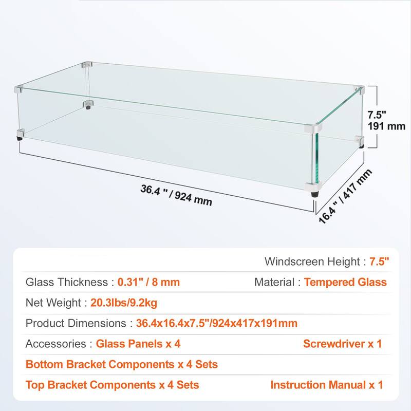Tempered Glass Wind Guard for Rectangular Fire Pit Table