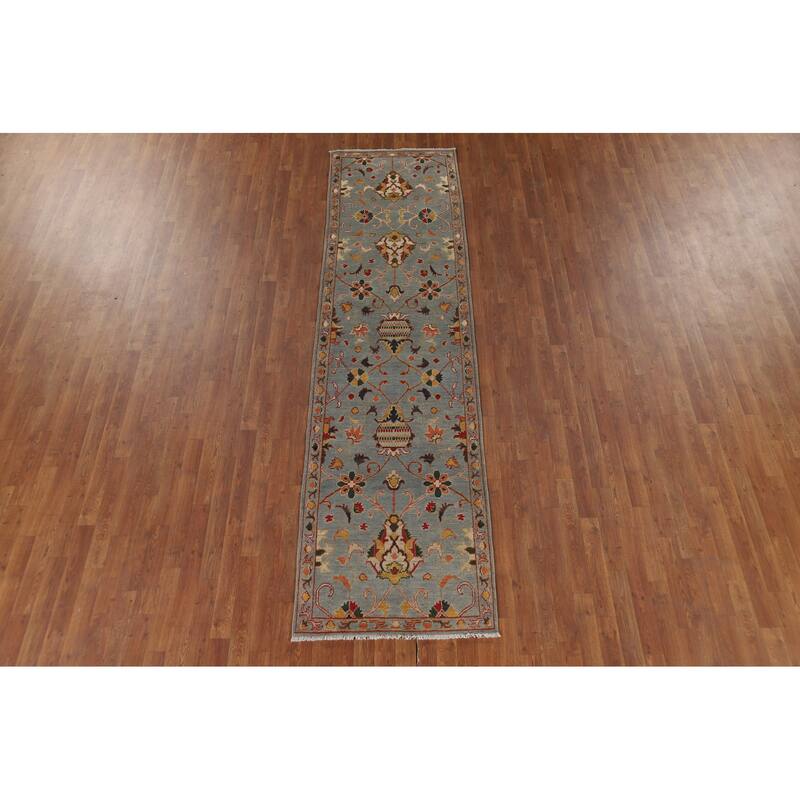 Light Blue Oushak Oriental Runner Rug Handmade Wool Carpet - 2'9" x 10'5"