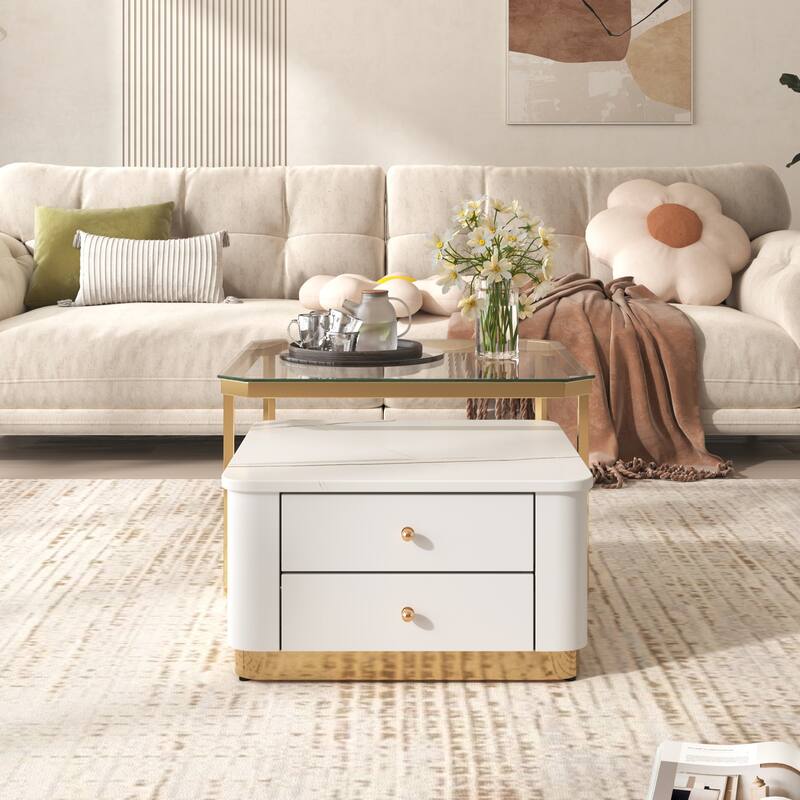Modern 2 Pieces Square Nesting Coffee Table with Drawers - White