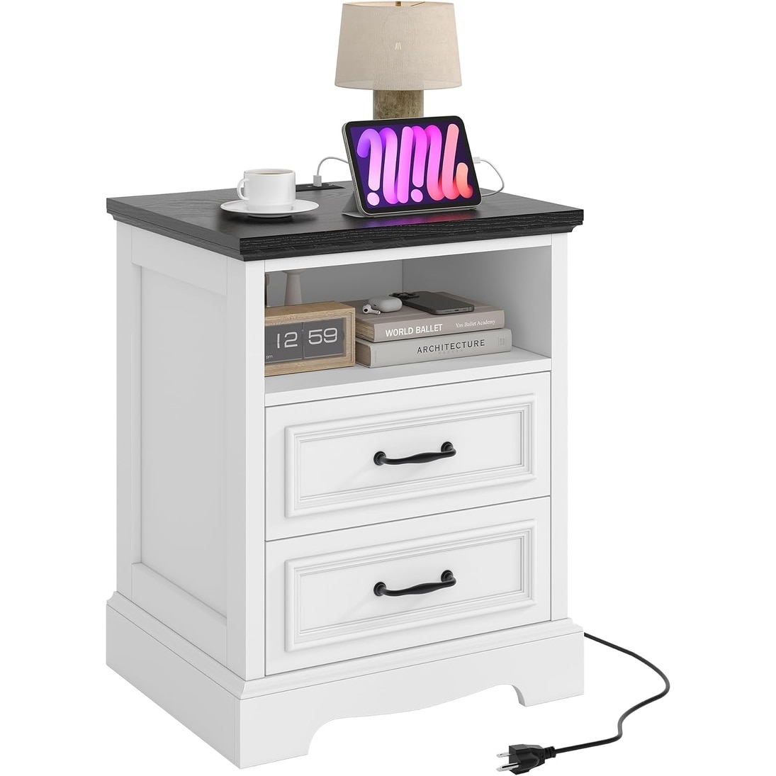 18 Inch White Farmhouse Nightstand with Charging Station and 2 Drawers, Modern Bedside Table for Bedroom or Living Room