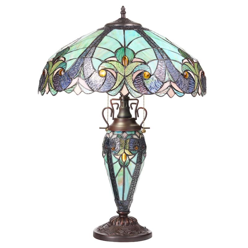 Halston River of Goods Double Lit Stained Glass 24.5-Inch Table Lamp - 18" X 18" X 24.5" - 18" X 18" X 24.5" - Teal/Blue/Amber/Green/Bronze