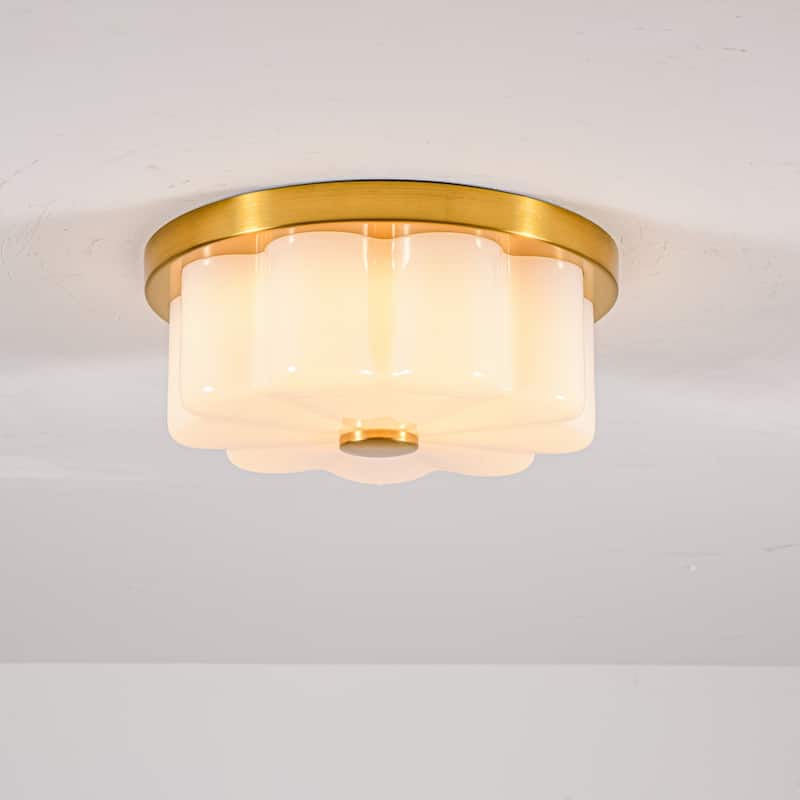 1-Light Brushed Gold Trim Flower-Shaped Frosted Glass LED Flush Mount with 5-Step Dimming for Bedroom & Hallway