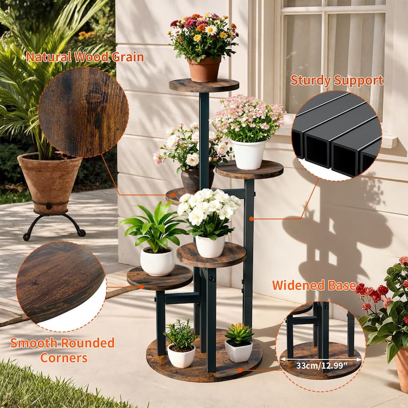 Iron Wood 5-Tier Plant Stand Round Corner Flower Shelf Indoor Outdoor