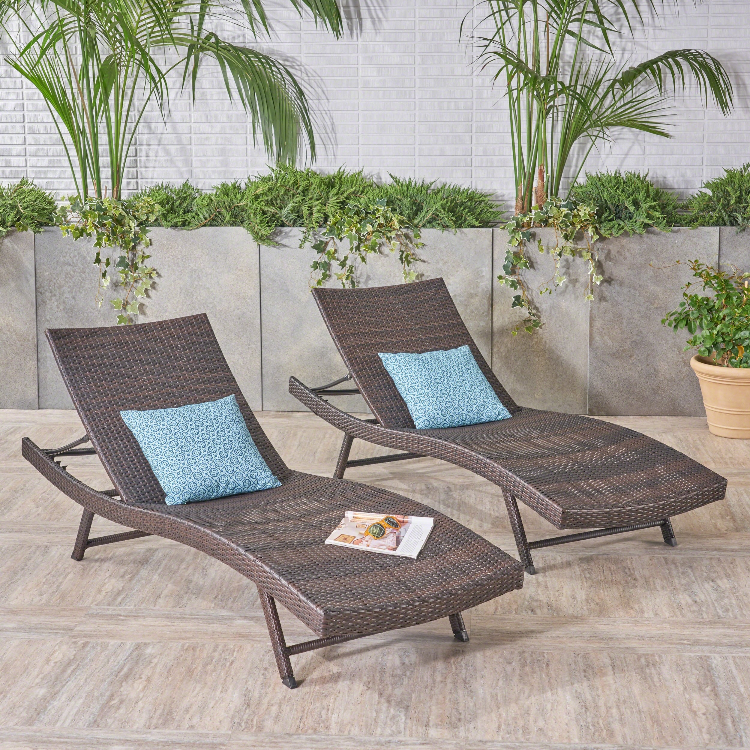 2 Set Outdoor Brown Wicker Adjustable Chaise Loung...