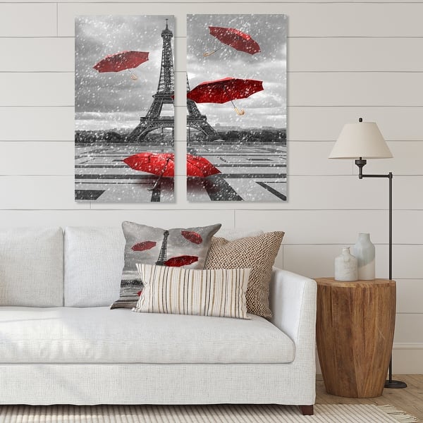 slide 1 of 6, Designart 'Flying Umbrella with Eiffel Tower' Cityscapes Canvas Wall Art Print 2 Piece Set 20" W x 40" H x 1" D x 2 Pieces