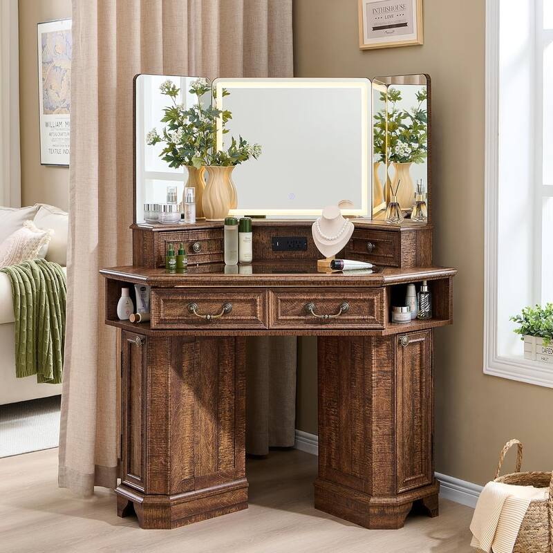 Makeup Vanity Desk with 3 Way Mirror, Glass Top & Charging Station - Reclaimed Barnwood