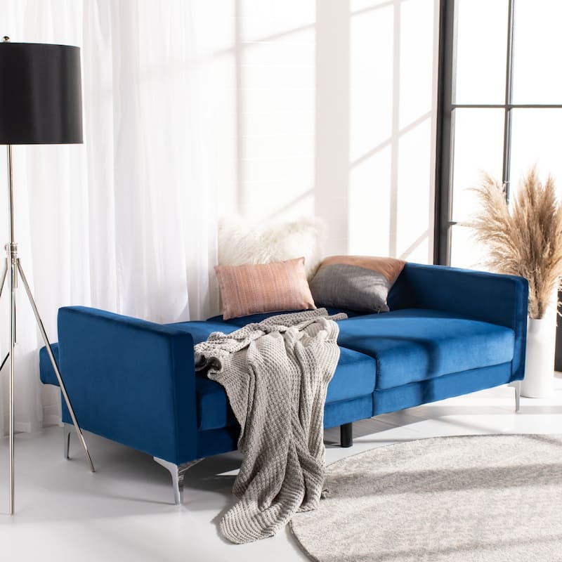 SAFAVIEH Ayana Contemporary Velvet Foldable Futon Bed - Navy/Chrome