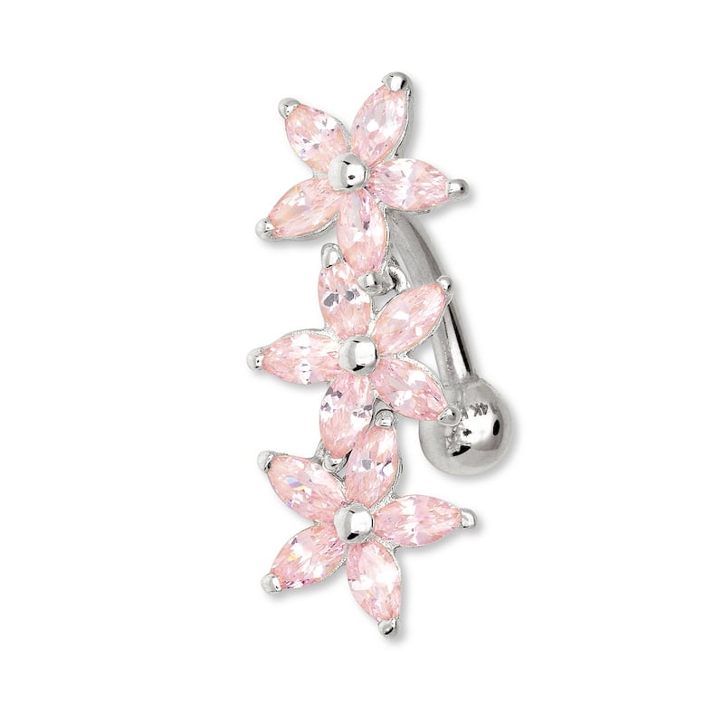 Curata Solid 14k Yellow or White Gold Pink Marquise Cubic Zirconia Flower Belly Dangle - 7mm x 24mm - Yellow Gold