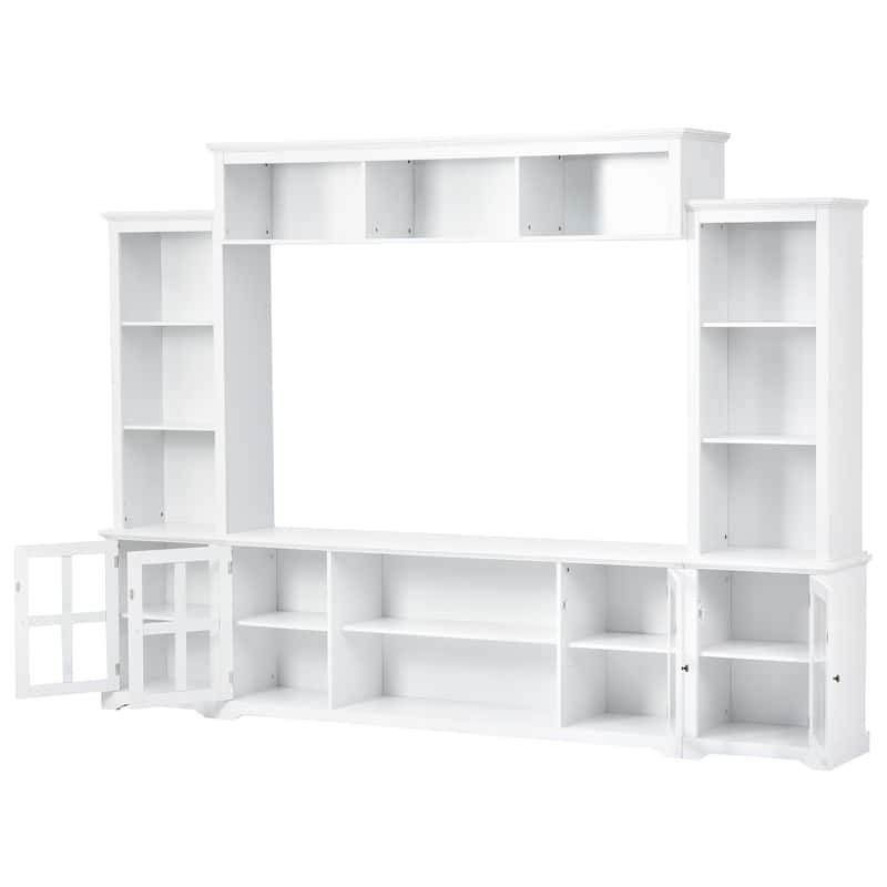 White Entertainment Wall Unit with Bridge, Tempered Glass Doors for TVs Up to 70"